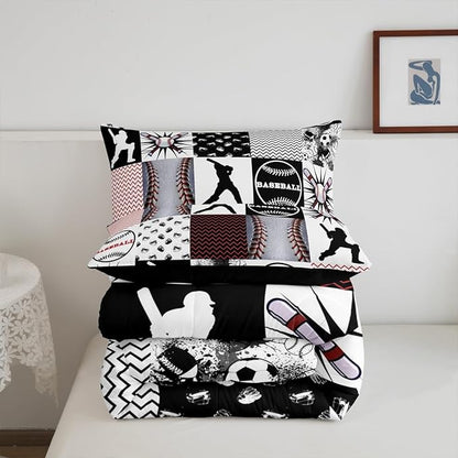 Feelyou Rugby Sports Comforter Set King Size Football Comforter for Boys Girls Teens Baseball Bedding Set Basketball Duvet Set Room Decor Balck Grey White Mixed Ball Quilt Set