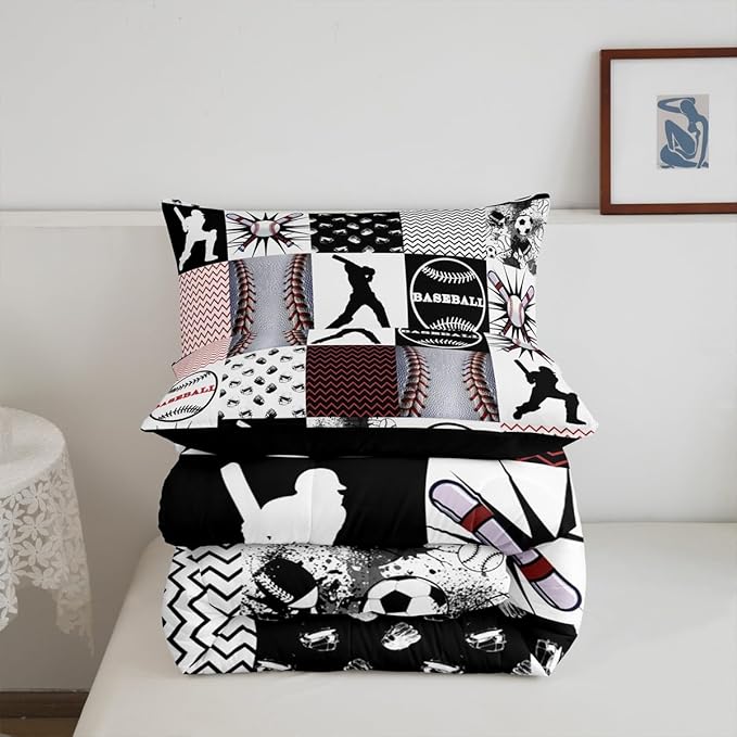Feelyou Rugby Sports Comforter Set Full Size Football Comforter for Boys Girls Teens Baseball Bedding Set Basketball Duvet Set Room Decor Balck Grey White Mixed Ball Quilt Set