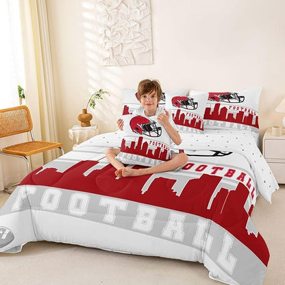 Erosebridal Football City 7 Pcs Comforter Set King Football Bedding Boys Girls Red Grey Rugby Game Sheet Set Bed in A Bag Football Fans Bedroom Decor Sports Ball Competition Quilt