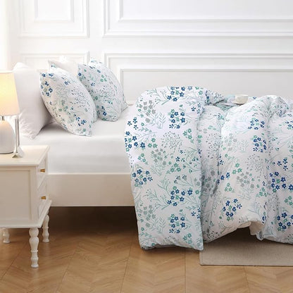 MUXHOMO Blue Flower Bed in a Bag Queen 7 Pieces, Queen Comforter Set Reversible Botanical Flowers Design, Ultra Soft & Breathable Bedding Sets with Comforter, Sheets, Pillowcases & Shams