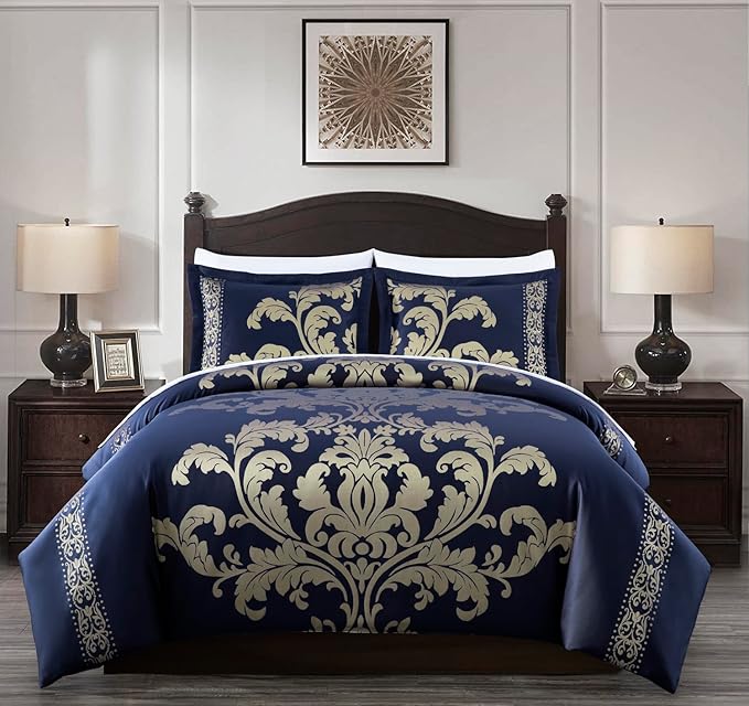 Chezmoi Collection Valor 7-Piece Queen Bed in a Bag, Navy/Gold Luxury Jacquard Floral Comforter with Sheets Set for All Season