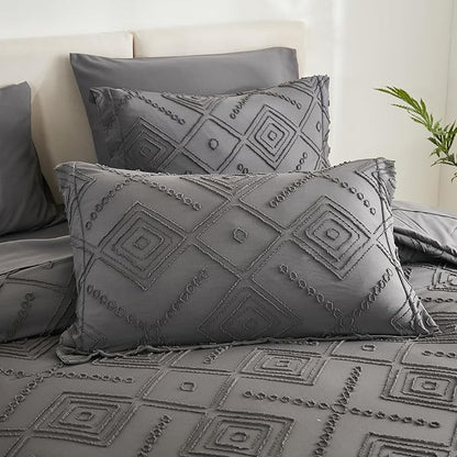EMME King Comforter Set - 7 Pcs Dark Grey Boho Bedding Sets, King Size Tufted Comforter with Sheets, Shabby Chic Embroidery Bed Set Fluffy Bed Bag for All Season(102"X90")