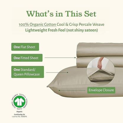 California Design Den Soft 100% Organic Cotton Sheets Twin XL Size Set - Crisp Percale Sheets with Deep Pockets, Breathable and Durable Bedding Set - Warm Taupe