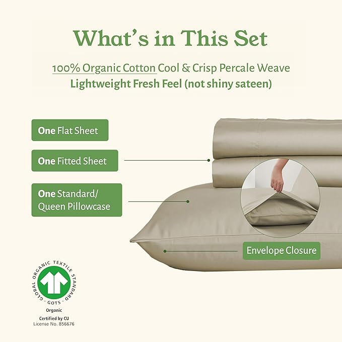 California Design Den Twin Size Sheets Set - Soft 100% Organic Bed Sheets with Deep Pockets, Crisp Percale, Breathable and Durable Bedding Set - Warm Taupe