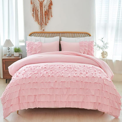 PERFEMET Pink Ruffled Comforter Set Full Multi-Layers Ruffle Bedding for Girls Princess Bedding Set Kids Chic Room Decor (Light Pink，Full)