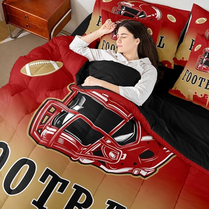 Erosebridal Red Yellow Football Full Bed in A Bag for Sports Lovers,American Soccer City 7 Pcs Bedding Set for Kids Boys Teen,Sports Rugby Comforter Set with Sheets Ball Games Bed Set