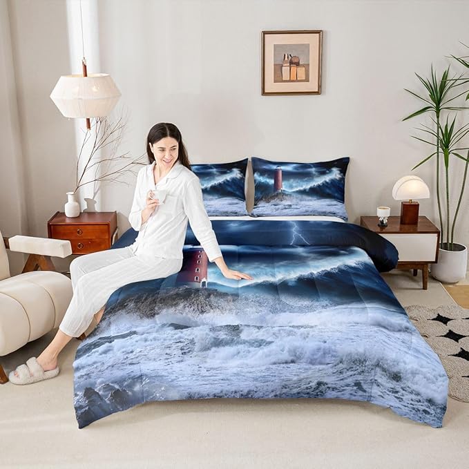 Erosebridal Lighthouse Comforter Set Full Nautical Duvet Set Surfing Ocean Wave Quilt Set Coastal Nature Theme Quilted Duvet for Kids Boys Girls Teens Bedroom Living Room Decorative, Blue