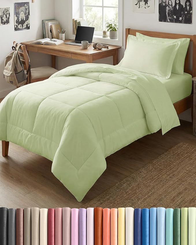 Twin XL Comforter Set - 5 Piece Bed in a Bag Twin XL Size Bed Set - Down Alternative Comforter, Flat Sheet, Fitted Sheet, Pillowcase & Sham for All Seasons - Ultra Soft & Breathable - Light Sage Green