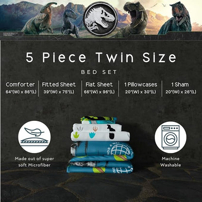 Jurassic World Kids Bedding Super Soft Cozy Reversible Microfiber Comforter and Sheet Set with Sham, 5 Piece Twin Size, (Officially Licensed Product) by Franco