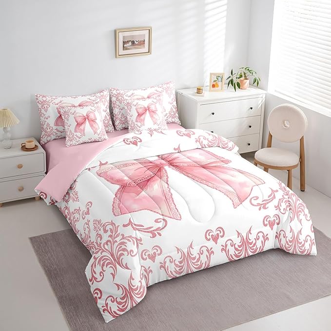 jejeloiu Girls Pretty Ribbon Pink Bow 7 Piece Bedding Set Twin Size Pink Damask Comforter Set with Sheets for Kids Women Cute Bow Bed in a Bag Princess Bed Set