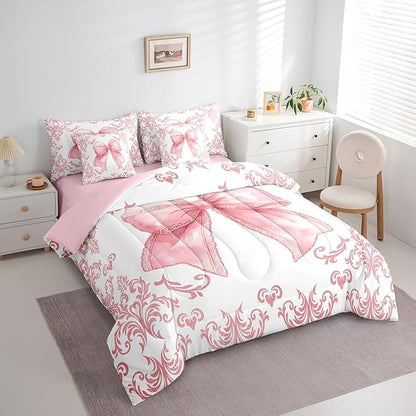jejeloiu Girls Pretty Ribbon Pink Bow 7 Piece Bedding Set King Size Pink Damask Comforter Set with Sheets for Kids Women Cute Bow Bed in a Bag Princess Bed Set