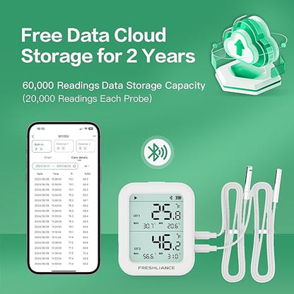 Freshliance Temperature Humidity Data Logger Recorder Bluetooth with 2pcs External Probe, Digital Refrigerator Thermometer Hygrometer, Remote Data Recording Analysis Alarm by Smart APP,BlueTag TH30R-I