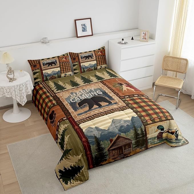 Erosebridal Camping Comforter Set for Kids Boys Girls,Vintage Camper Mountain Tree Bedding Set,Wooden Happy Camping Comforter Sets Twin,Rustic Bear Duvet Insert with 1 Pillowcase Cabin Lodge Decor