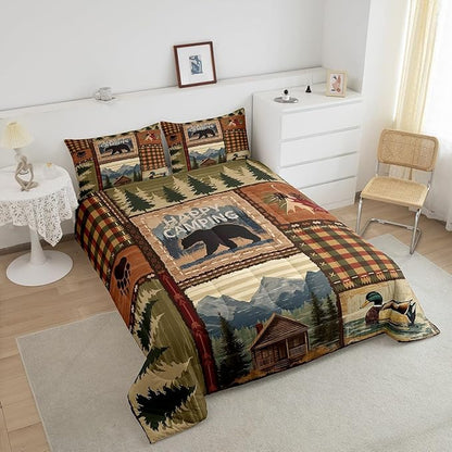 Erosebridal Camping Comforter Set for Kids Boys Girls,Vintage Camper Mountain Tree Bedding Set,Wooden Happy Camping Comforter Sets Twin,Rustic Bear Duvet Insert with 1 Pillowcase Cabin Lodge Decor