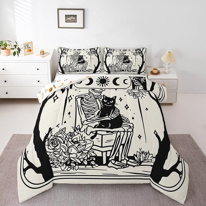 Erosebridal Halloween Gothic Skull Comforter Set Full, Skeleon Holding Cat Bedding Set, Gothic Floral Comforter for Kids Teens Boys Adults Goth Room Decor, Sun and Moon Quilt, Lightweight