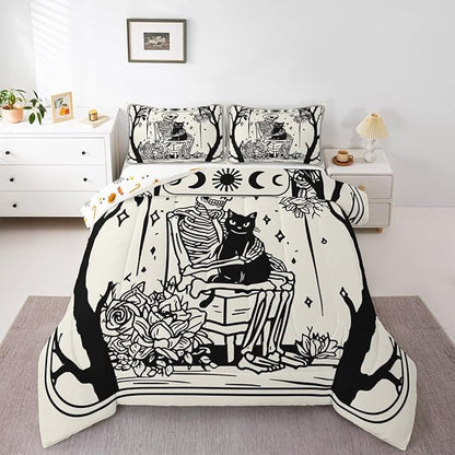Erosebridal Halloween Gothic Skull Comforter Set Full, Skeleon Holding Cat Bedding Set, Gothic Floral Comforter for Kids Teens Boys Adults Goth Room Decor, Sun and Moon Quilt, Lightweight