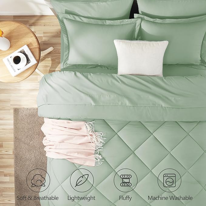 CozyLux King Size Comforter Set Sage Green - 7 Pieces Bed in a Bag King, Luxury Soft Bed Set for All Seasons, Bedding Set with Down Alternative Comforter, Sheets, Pillowcases & Shams