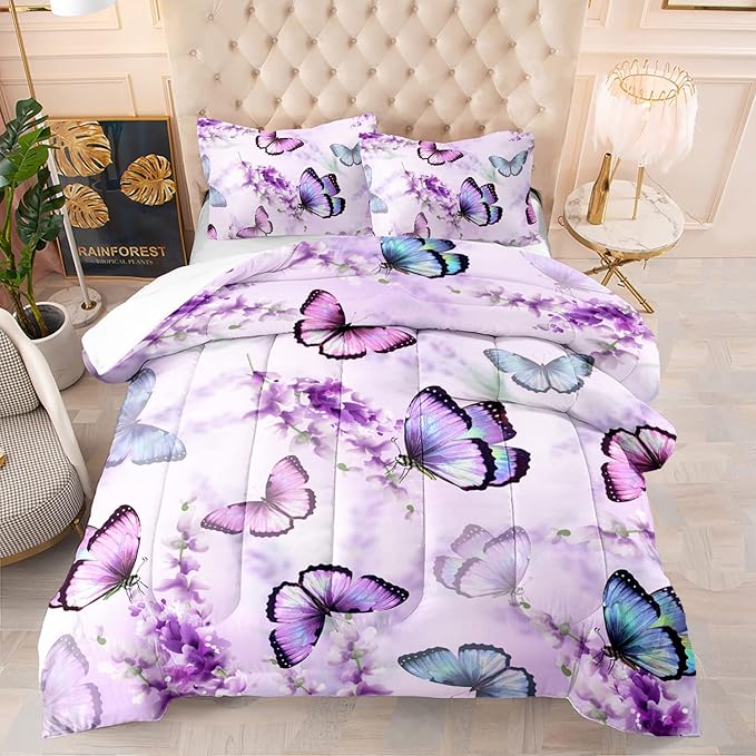 Lavender Butterfly Comforter Set for Girl Kid Adult Colorful Butterfly Pattern Bedding Set Aesthetics Butterflies Quilt Bed Set Queen Size with 1 Comforter and 2 Pillowcases