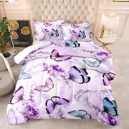 Lavender Butterfly Comforter Set for Girl Kid Adult Colorful Butterfly Pattern Bedding Set Aesthetics Butterflies Quilt Bed Set Queen Size with 1 Comforter and 2 Pillowcases