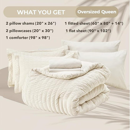 HYMOKEGE Ivory Oversized Queen Comforter Set Seersucker 7 Pieces, All Season Luxury Bed in a Bag for Bedroom, Bedding Set with Comforter, Sheets, Pillowcases & Shams