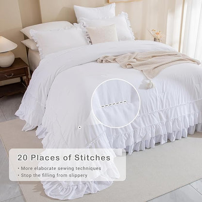 CozyTide Cotton Oversized King Comforter 128x120,White Shabby Boho Chic Farmhouse Bedding Comforter with Ruffles,3 Pieces Vintage Lightweight and Soft French Country Rustic Bedding Set