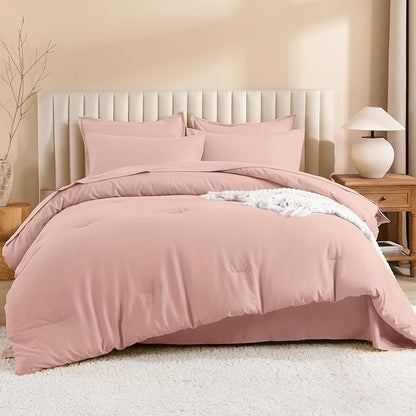 Litanika Comforter Full Size Set Blush Pink - 7 Pieces Bed in a Bag Full Bedding Comforter Sets, Plain Lightweight Bed Set with Comforter, Sheets, Pillowcases & Shams