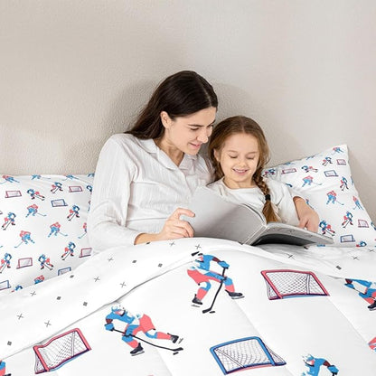 Hockey Players Kids Bedding Set King Size, Comforter Set,Winter Sports Games Quilt Comforter,White Blue Bedroom Duvet Insert,2 Pillowcases