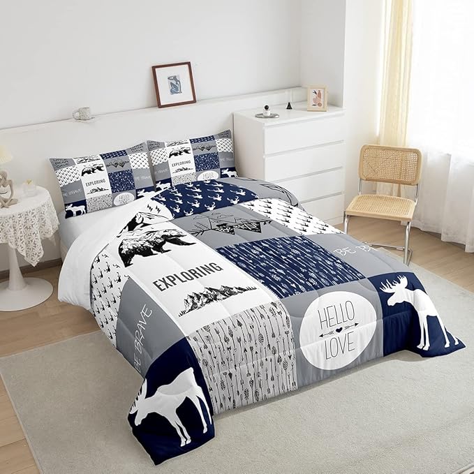 Feelyou Bear Deer Comforter Set Hunting Camping Bedding Set for Kids Boys Girls Deer Antler Comforter Rustic Cabin Plaid Duvet Set 1 Comforter Set with 2 Pillowcases Queen Size Boys