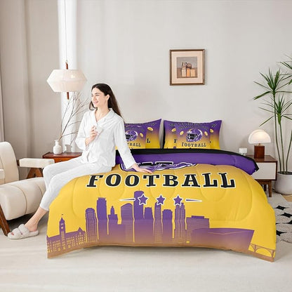 Erosebridal Football Comforter Set with Sheets American Soccer City 7 Piece Bedding Set Sports Rugby Competitive Games Bed in A Bag Full Size for Kids Boys Teen,Purple Yellow Bed Set