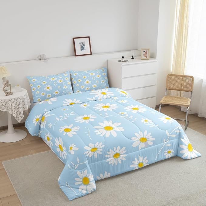 Manfei Daisy Comforter Set King Size, White Flower Leaves Bedding Set 3pcs for Kids Boys Girls Bedroom Decor, Botanical Garden Artwork Quilt Set Soft Polyester Duvet Set with 2 Pillowcases