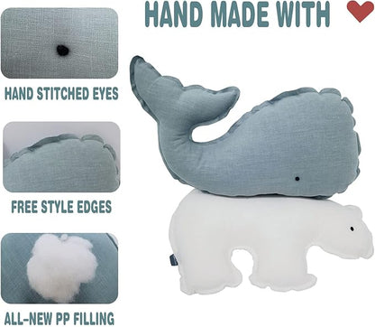 Marble Empire Whale Pillow Linen, Blue Whale Throw Pillows with Free Style Edge,Coastal Ocean Decorative Pillow for Couch Sofa (18.5 inch)