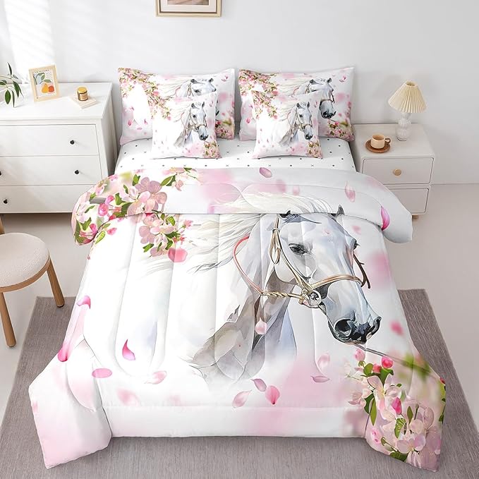 Feelyou Horse Comforter Set Full Size 7 Pcs Girls Western Horse Comforter Bed in a Bag Cherry Blossom Floral Bedding Set for Boys Girls Horse Lover Bed Set with Sheets, Pillowcases, Pillow Covers