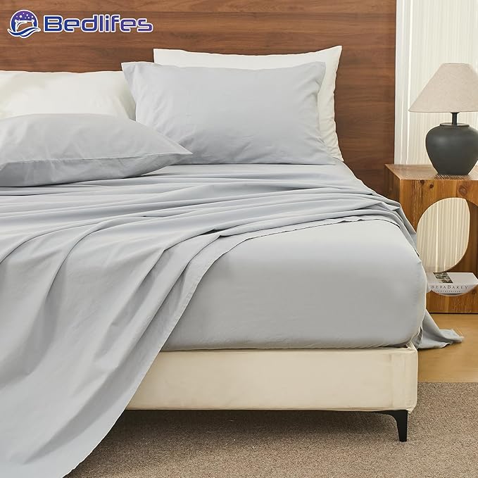 Bedlifes 100% French Pure Linen Sheets California King Size Breathable and Cooling Flax Sheet Set Soft Durable and Moisture Wicking 16 Inch Deep Pocket-4 Piece(Cal King,Grey)