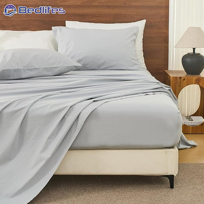 Bedlifes 100% French Pure Linen Sheets King Size Breathable and Cooling Flax Sheet Set Soft Durable and Moisture Wicking 16 Inch Deep Pocket-4 Piece(King,Grey)