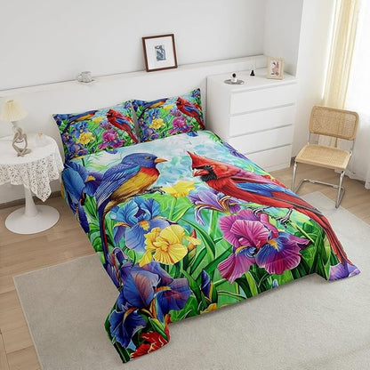 Erosebridal Cardinal Bird Comforter Set Hummingbird Floral Bedding Set Twin Retro Watercolor Rustic Iris Flowers Quilt Comforter for Kids Adults Country Farmhouse Bed Set Colorful Home Decor