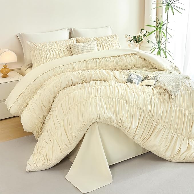 PERFEMET Beige Ruched Comforter Set Twin Size, 5 Pieces Boho Ruffle Bed in a Bag with Sheets, Soft Fluffy Pleated Texture Bedding Set All Season Lightweight Shabby Chic Bed Set(Beige, Twin)