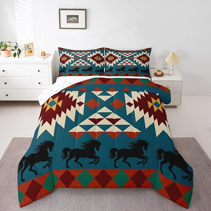 Erosebridal Western Quilt Horse Comforter Set,Boho Bedding Sets Full Duvet Insert,Western Home Decor Rustic Farmhouse Bedroom,Geometric Aztec Full Native American Decor,Red Blue