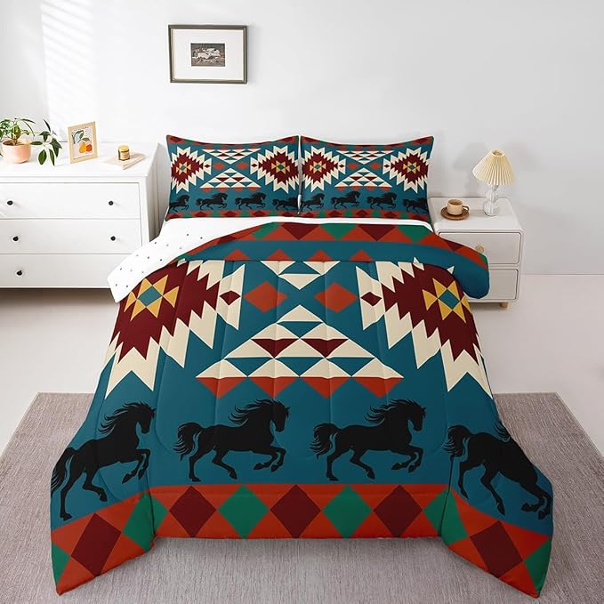 Erosebridal Southwestern Bedding Set Twin Horse Quilt,Farm Animals Comforter Western Duvet Inserts,Geometric Country Decor Room for Bedroom Gifts Girls