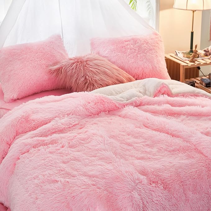 UOZZI BEDDING Pink Faux Fur Comforter Set King 3 Pieces - 1 Shaggy Comforter Set 104x90 with 2 Pillowcases, Ultra Soft and Easy Care Luxury Plush Shaggy Duvet Set for Girls Women Princess Style