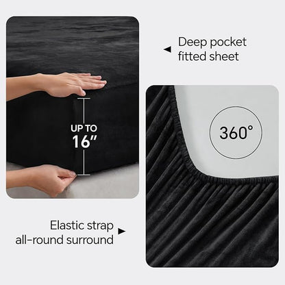 BEDELITE Flannel Sheets Twin Size Black - Super Soft Fleece Sheets Set Fluffy Extra Plush, 3 Piece(Include Fitted Sheet, Flat Sheet, 1 Pillowcase)