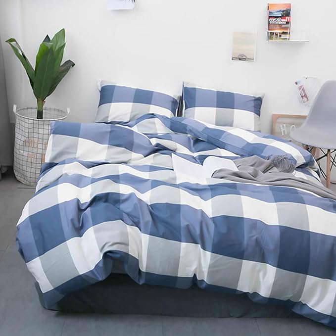 HighBuy Twin XL Comforter Set White Blue Modern Buffalo Plaid Comforter Sets Men Boy Geometric Checkered Grid Pattern Bedding Comforter Set Soft Fluffy Gingham Bedding Set Comforter Sets Twin XL Size