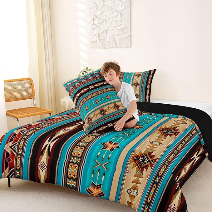 Aztec Bedding Set Ethnic Tribal Arrow Queen Comforter Set,Vintage Southwestern Native Bohemian Quilt,Western Star Duvet Insert Exotic Geometric Diamond Stripes Room Decor,Teal Blue and Brown