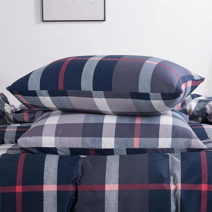 CLOTHKNOW Blue Plaid California KingComforter Set 3Pcs Tartan Bedding Comforter Sets All Season Soft Blue White Grey Grid Comforter with 2 x Pillow Cases