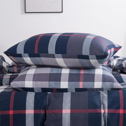 CLOTHKNOW Blue Plaid California KingComforter Set 3Pcs Tartan Bedding Comforter Sets All Season Soft Blue White Grey Grid Comforter with 2 x Pillow Cases