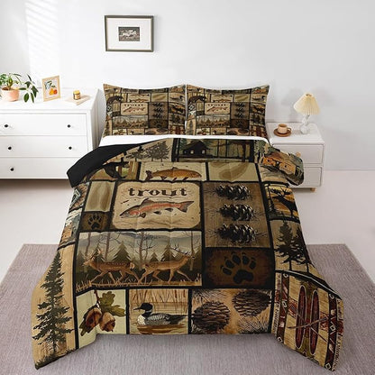 Feelyou Wild Animal Comforter Set Toddler Size, Wildlife Hunting Quilt Set Bear Deer Eik Fish Duck Hunting Bedding Set for Kids Boys Teens Room Decor, Wooden Board Farmhouse Duvet Insert