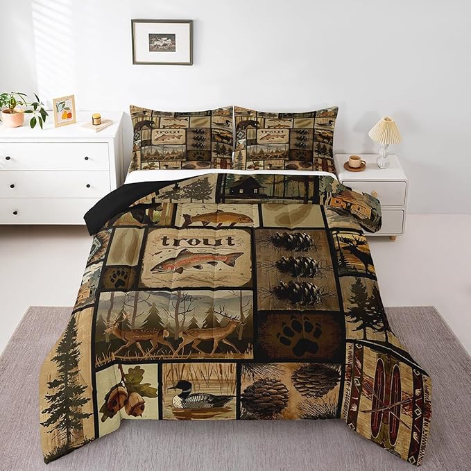 Feelyou Wild Animal Comforter Set Queen Size, Wildlife Hunting Quilt Set Bear Deer Eik Fish Duck Hunting Bedding Set for Kids Boys Teens Room Decor, Wooden Board Farmhouse Duvet Insert