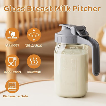 OneDream Breast Milk Pitcher 32oz Glass Pitcher with Lid, Formula Pitcher Leakproof Drip-Free Spout, Wide Mouth Mason Jar Pitcher for Easy Pouring, Dishwasher Safe Breastmilk Storage Pitcher
