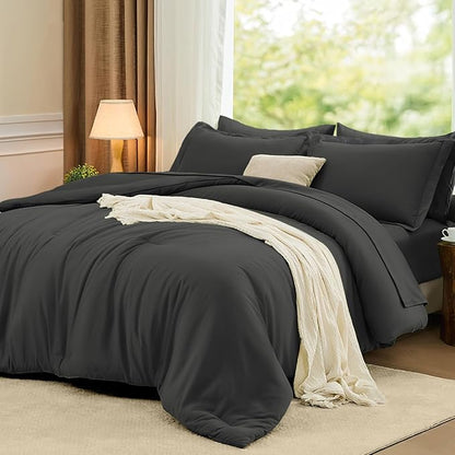 FUANNA Full Size Comforter Sets Dark Grey, 7 Pieces Soft Bed in a Bag Full, All Season Lightweight Bed Sets with Comforter, Flat Sheet, Fitted Sheet, Pillowcases & Shams