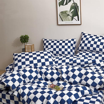 CLOTHKNOW Blue White Plaid Queen Comforter Set 3Pcs Grid Bedding Comforter Sets Checkerboard Comforter Royal Blue White Comforter with 2 Pillow Cases