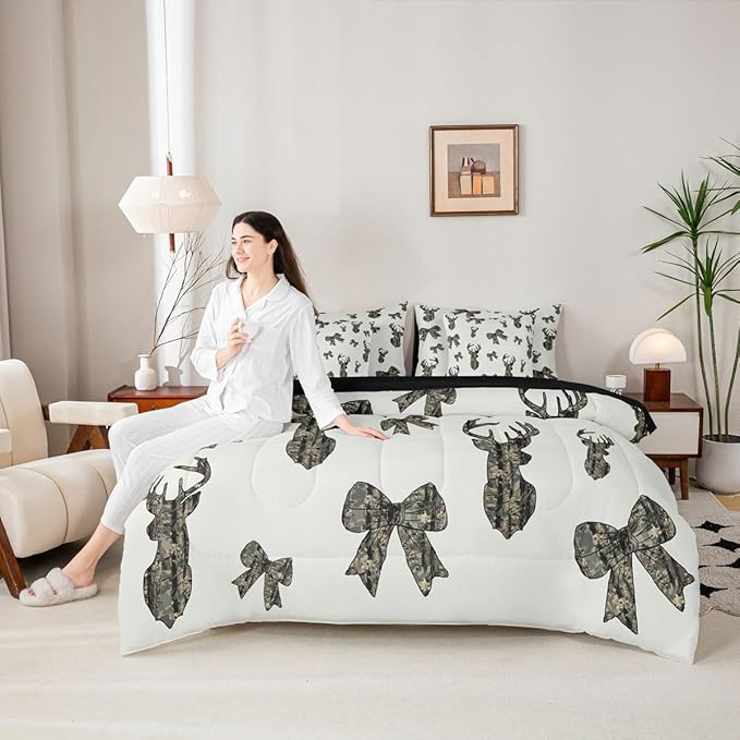 Erosebridal Camouflage King Comforter Set Deer Bow 7-Piece Bed in A Bag Hunting Ribbon Army Bowknot Camo Rustic Sheets and Pillowcases Brown Beige Bed Sets